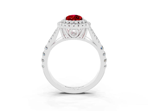 White gold Double Halo Pear Cut Ruby Pavé Split Shank Ring with Prong Setting_3