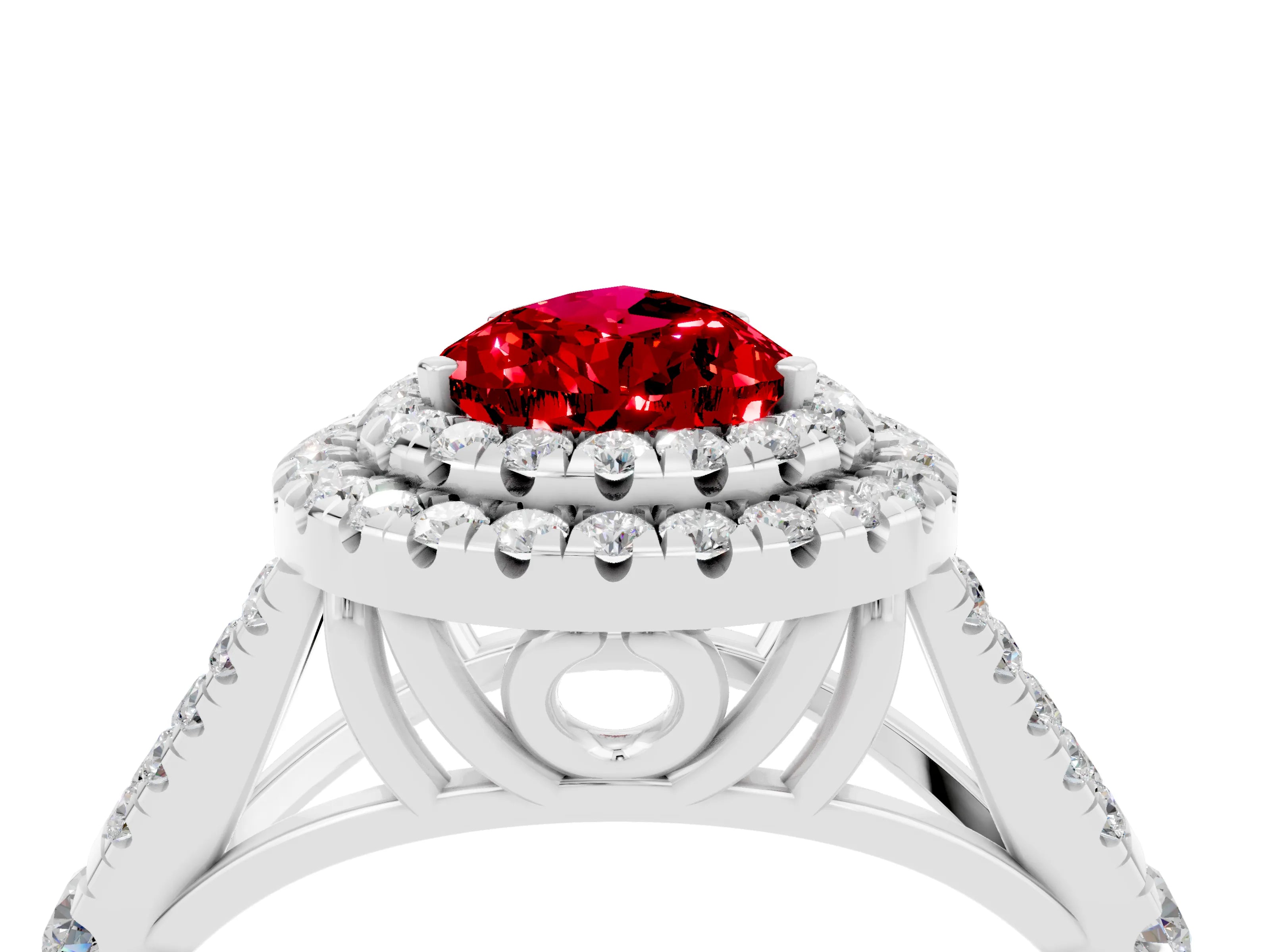 White gold Double Halo Pear Cut Ruby Pavé Split Shank Ring with Prong Setting_4
