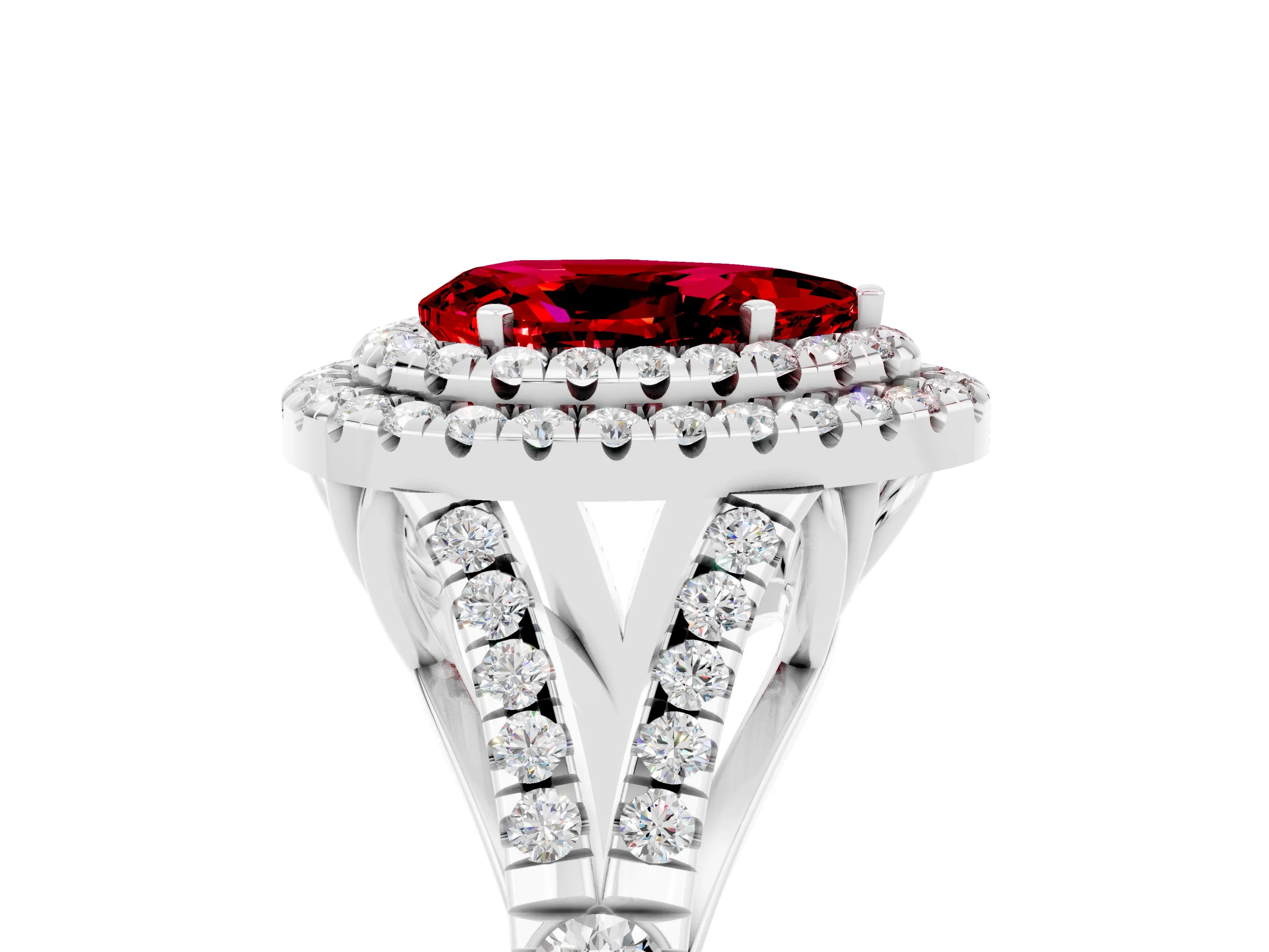 White gold Double Halo Pear Cut Ruby Pavé Split Shank Ring with Prong Setting_5