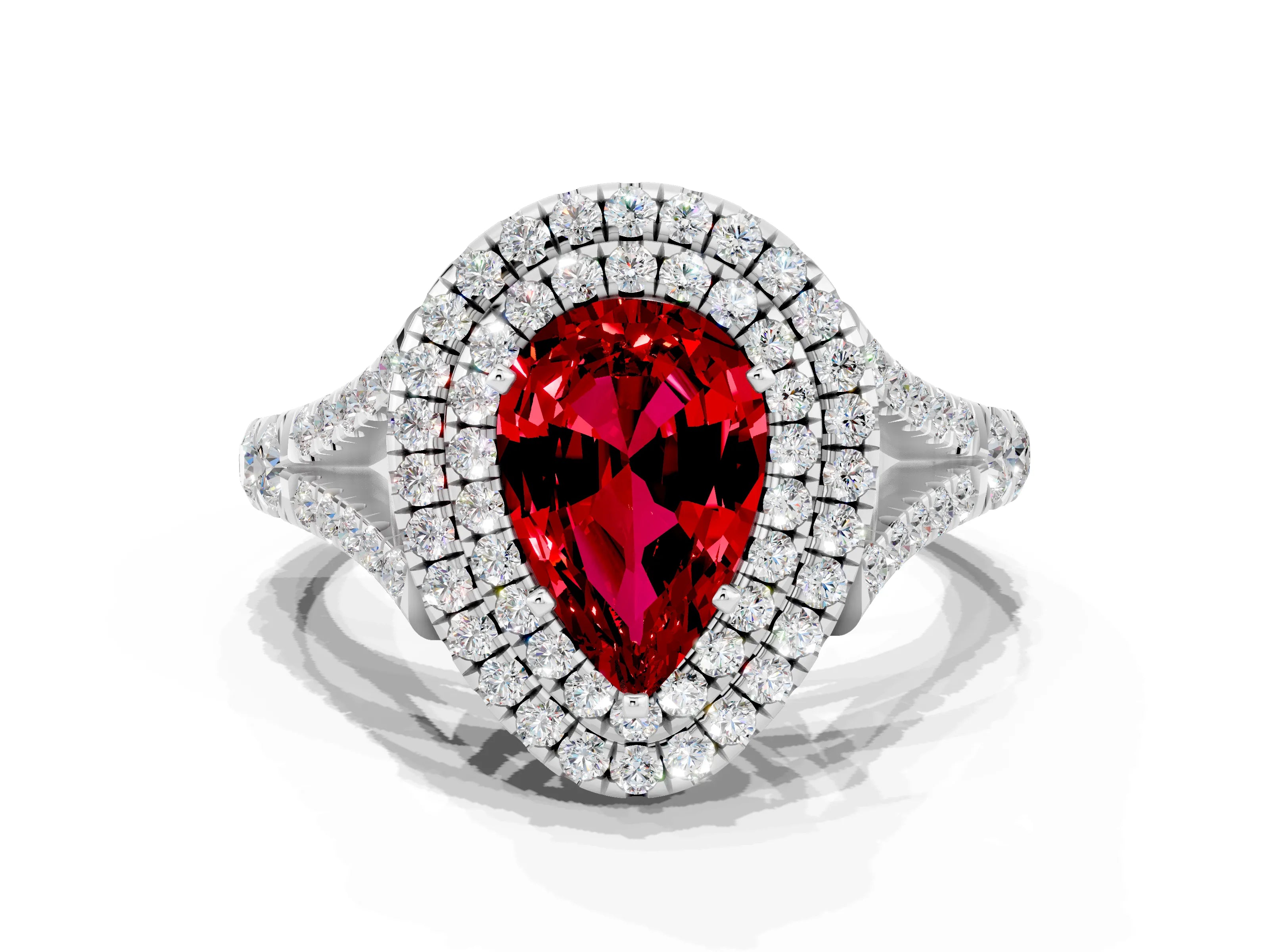 White gold Double Halo Pear Cut Ruby Pavé Split Shank Ring with Prong Setting