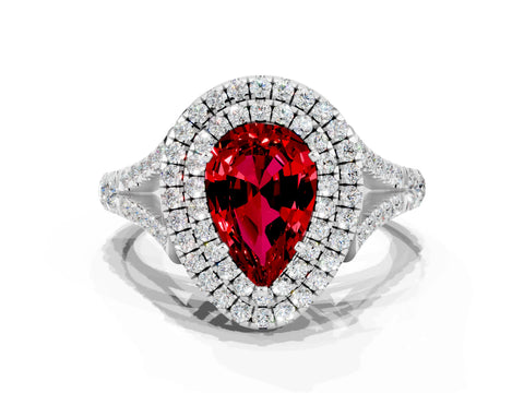 White gold Double Halo Pear Cut Ruby Pavé Split Shank Ring with Prong Setting