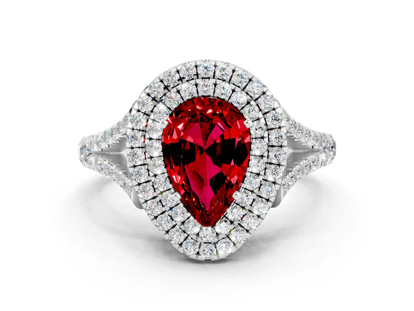 Platinum Double Halo Pear Cut Ruby Split Shank Engagement Ring with Four-Prong Setting