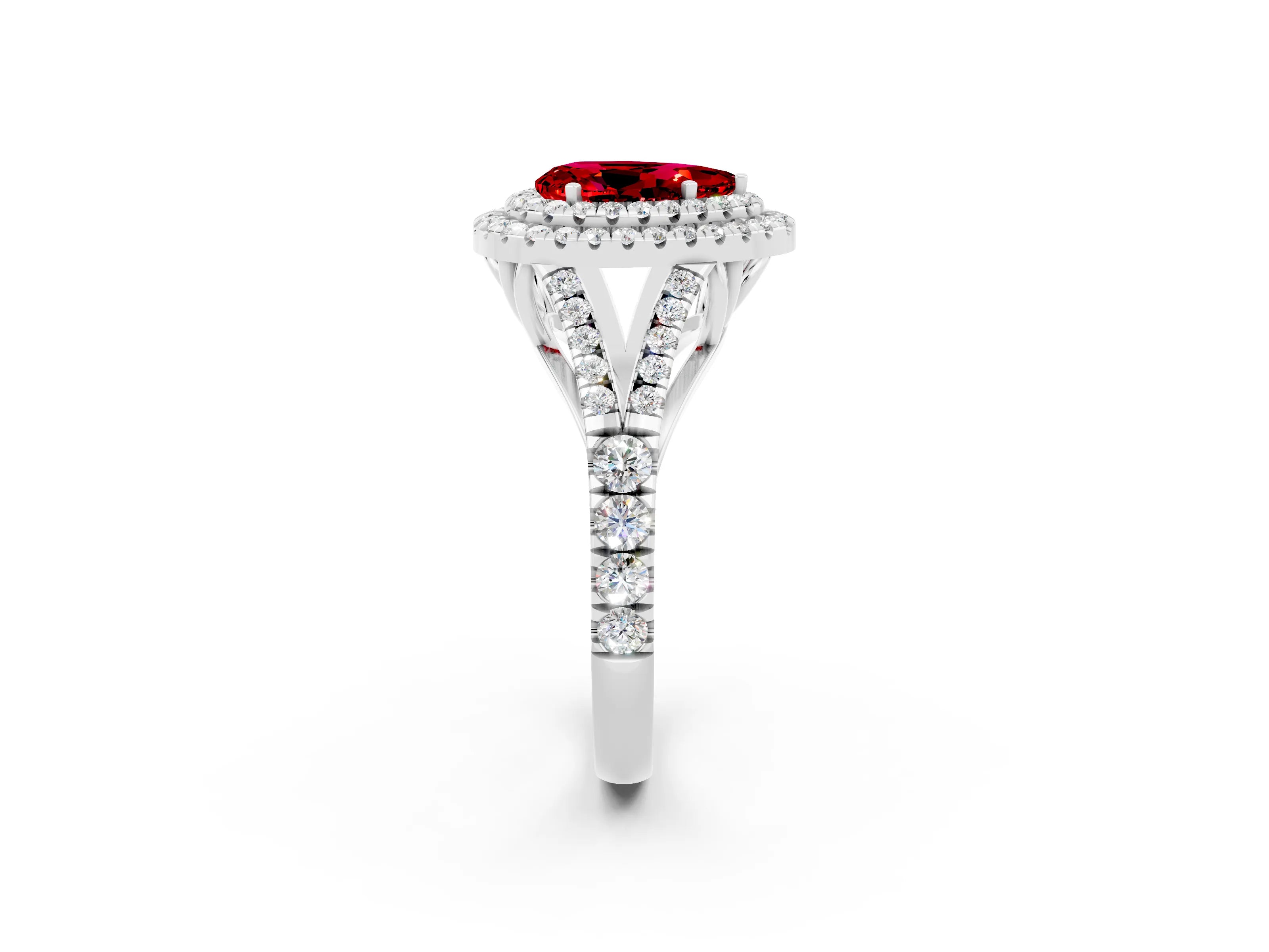 White gold Double Halo Pear Cut Ruby Split Shank Engagement Ring with Four-Prong Setting_2