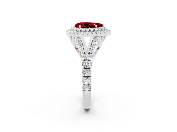 Platinum Double Halo Pear Cut Ruby Split Shank Engagement Ring with Four-Prong Setting