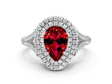 White gold Double Halo Pear Cut Ruby Split Shank Engagement Ring with Four-Prong Setting