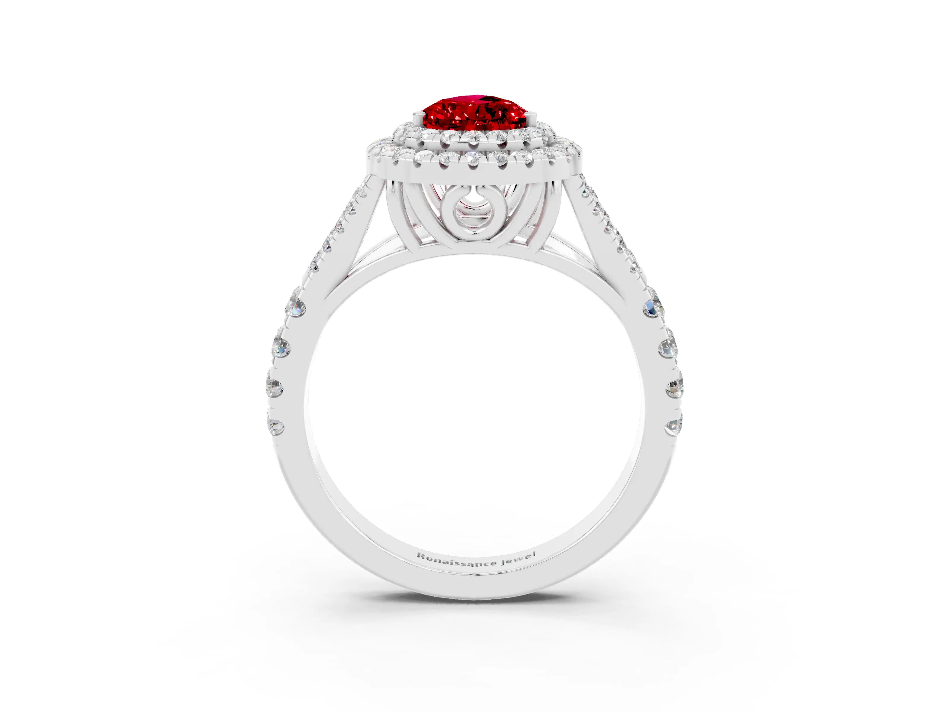 White gold Double Halo Pear Cut Ruby Split Shank Engagement Ring with Four-Prong Setting_3