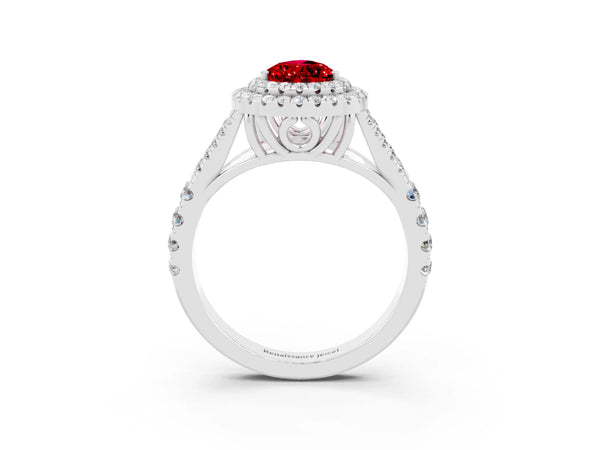White gold Double Halo Pear Cut Ruby Split Shank Engagement Ring with Four-Prong Setting