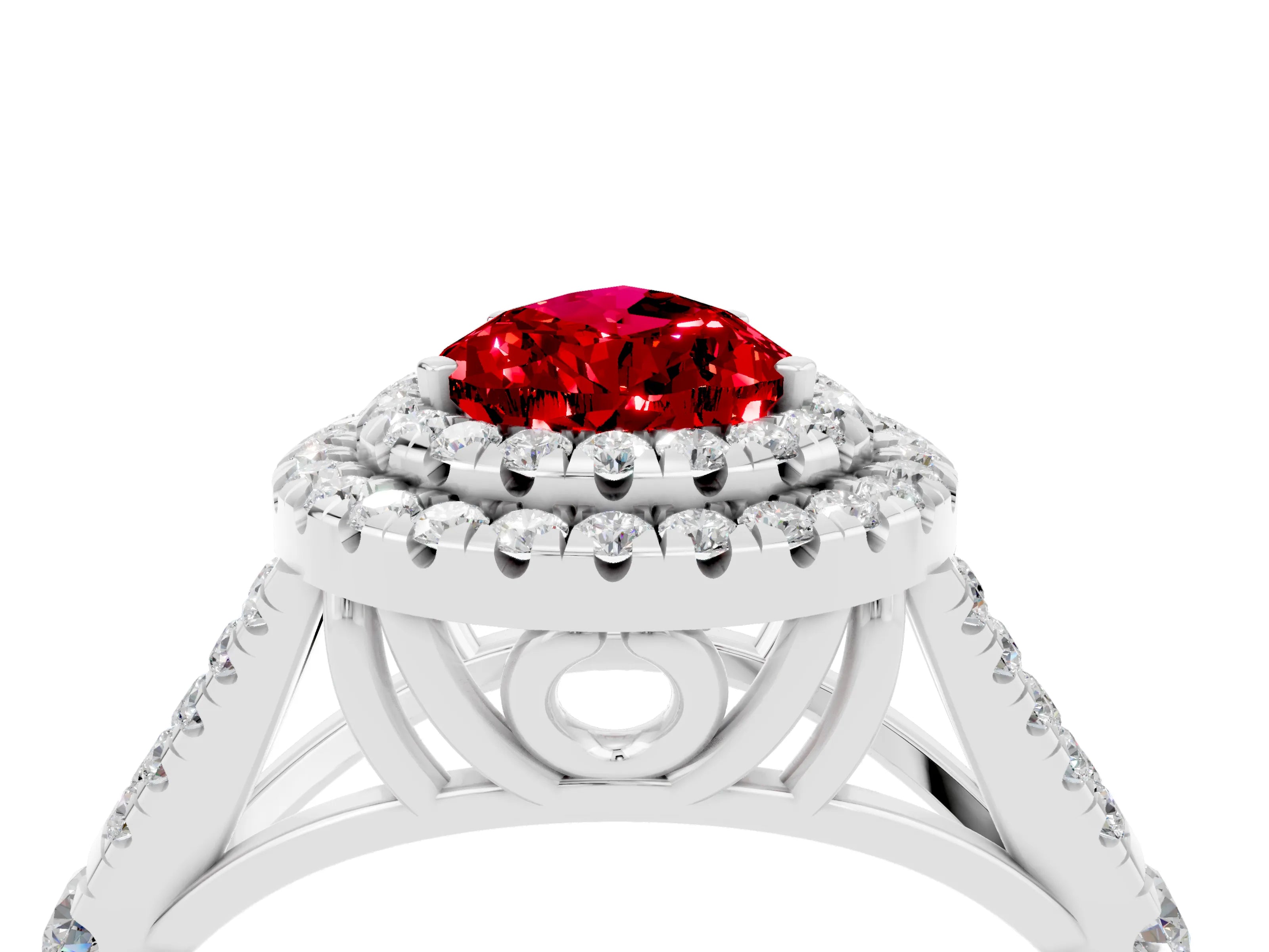 White gold Double Halo Pear Cut Ruby Split Shank Engagement Ring with Four-Prong Setting_4