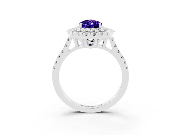 White gold Double Halo Pear Cut Tanzanite Pavé Band with Four-Prong Setting