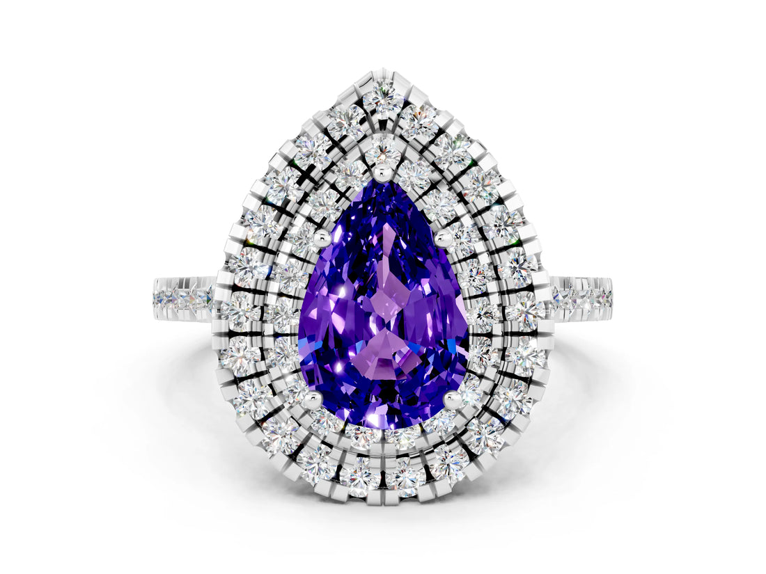 White gold Double Halo Pear Cut Tanzanite Pavé Band with Four-Prong Setting
