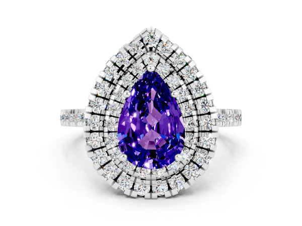 White gold Double Halo Pear Cut Tanzanite Pavé Band with Four-Prong Setting