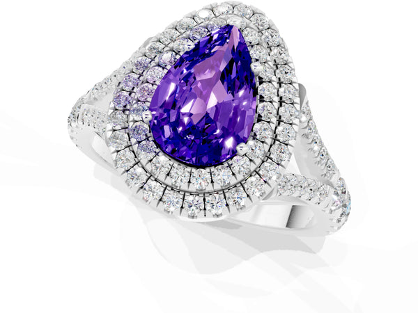 White gold Double Halo Pear Cut Tanzanite Pavé Split Shank Ring with Prong Setting