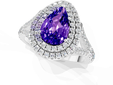 White gold Double Halo Pear Cut Tanzanite Pavé Split Shank Ring with Prong Setting_1