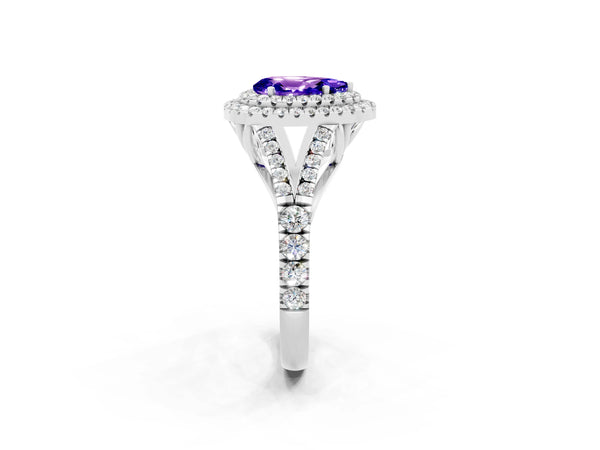 Platinum Double Halo Pear Cut Tanzanite Pavé Split Shank Ring with Prong Setting