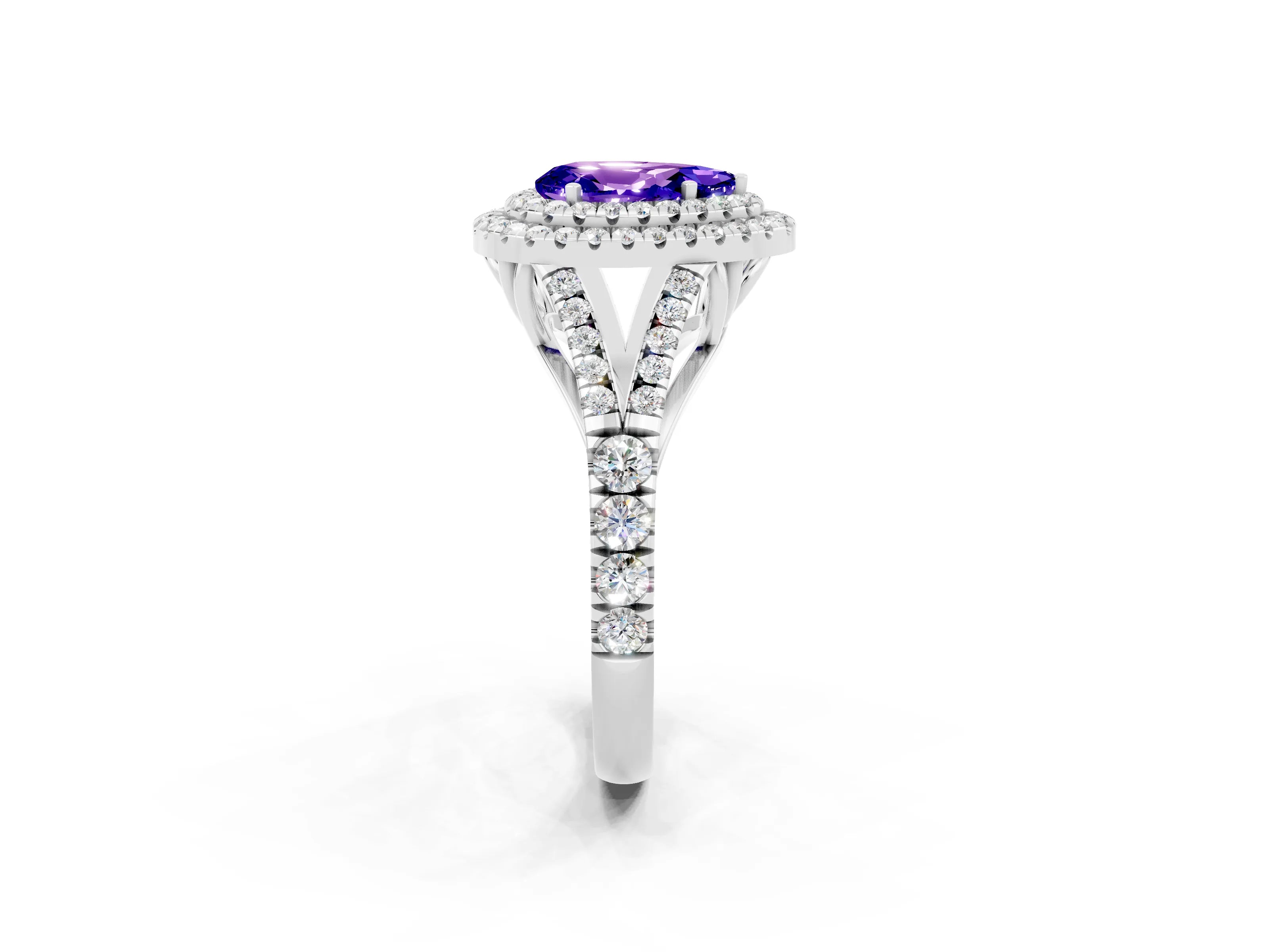 White gold Double Halo Pear Cut Tanzanite Pavé Split Shank Ring with Prong Setting_2