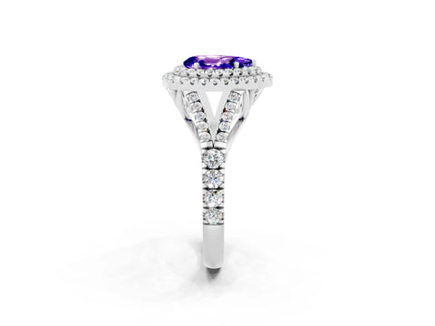 White gold Double Halo Pear Cut Tanzanite Pavé Split Shank Ring with Prong Setting_2