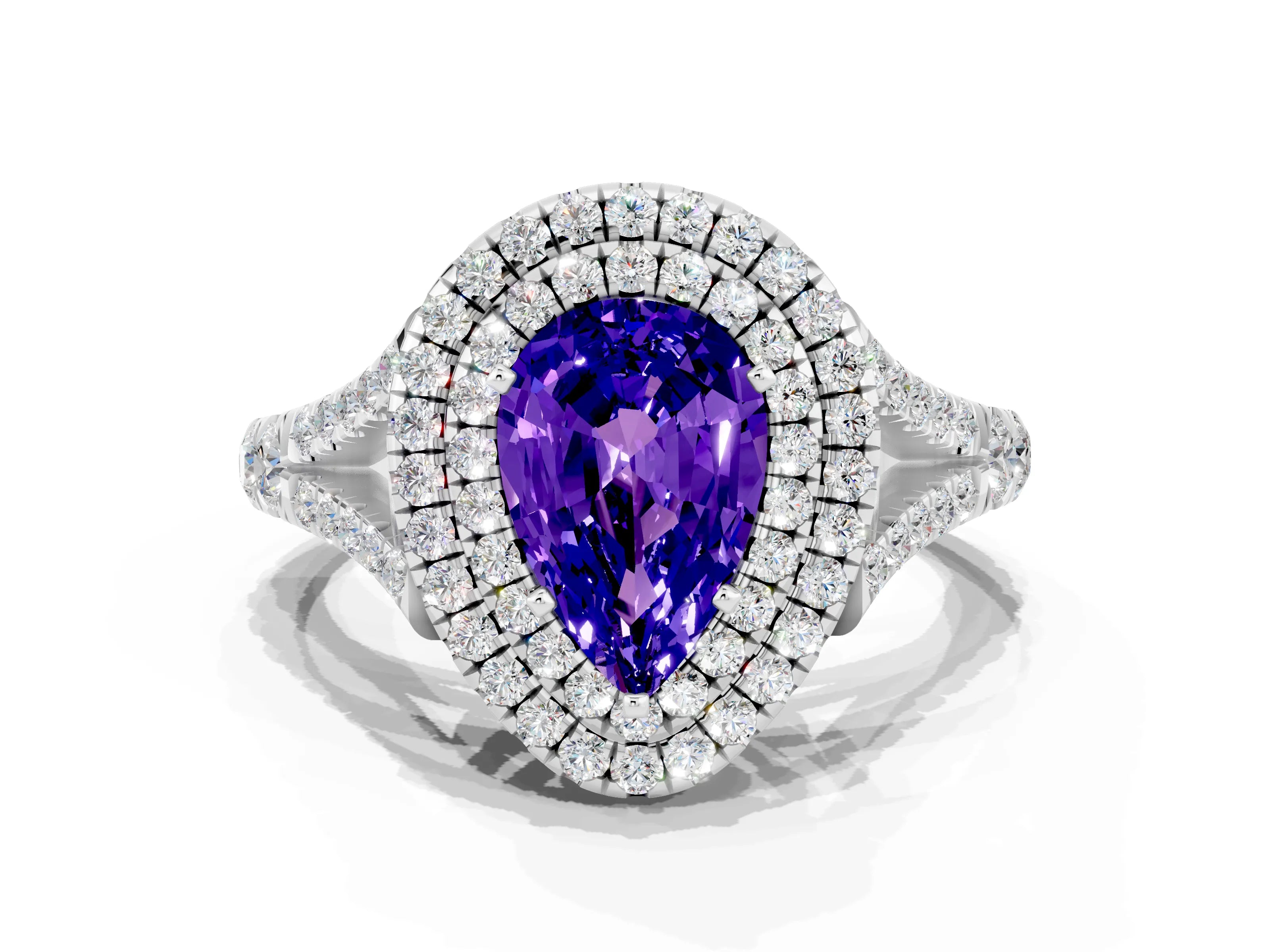 White gold Double Halo Pear Cut Tanzanite Pavé Split Shank Ring with Prong Setting