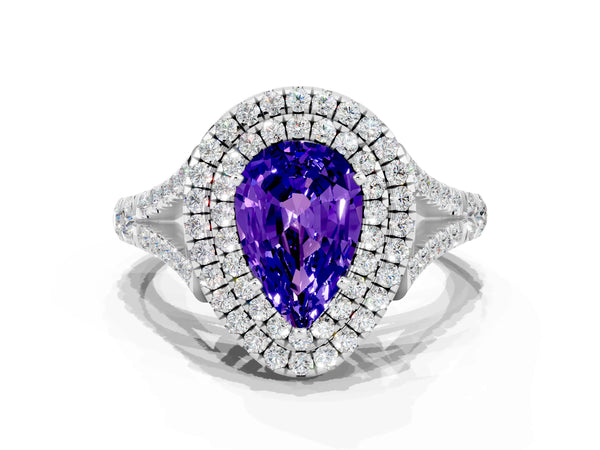 Silver Double Halo Pear Cut Tanzanite Pavé Split Shank Ring with Prong Setting