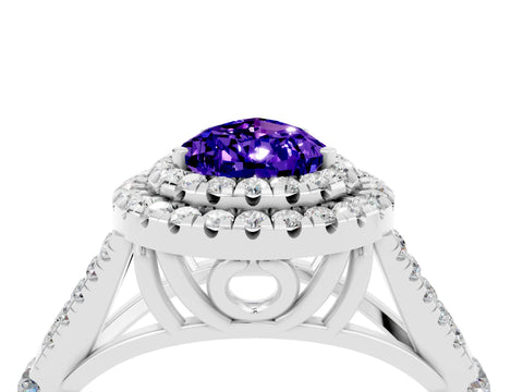 White gold Double Halo Pear Cut Tanzanite Pavé Split Shank Ring with Prong Setting_4