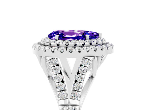 White gold Double Halo Pear Cut Tanzanite Pavé Split Shank Ring with Prong Setting_5