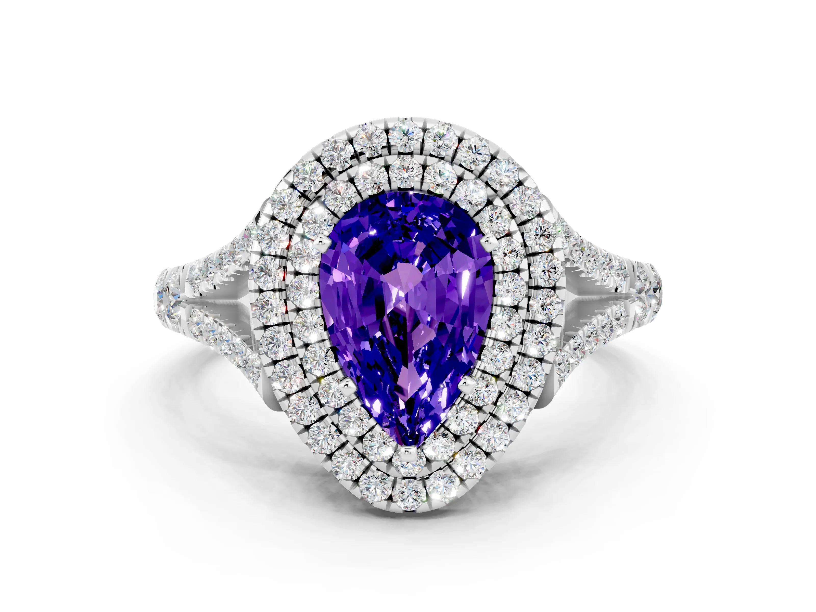 White gold Double Halo Pear Cut Tanzanite Split Shank Engagement Ring with Four-Prong Setting