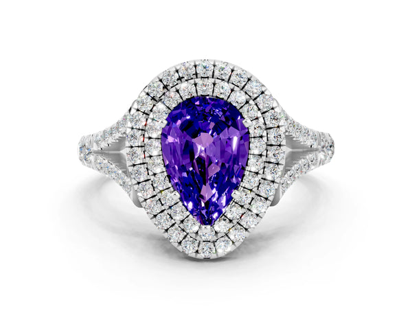 White gold Double Halo Pear Cut Tanzanite Split Shank Engagement Ring with Four-Prong Setting