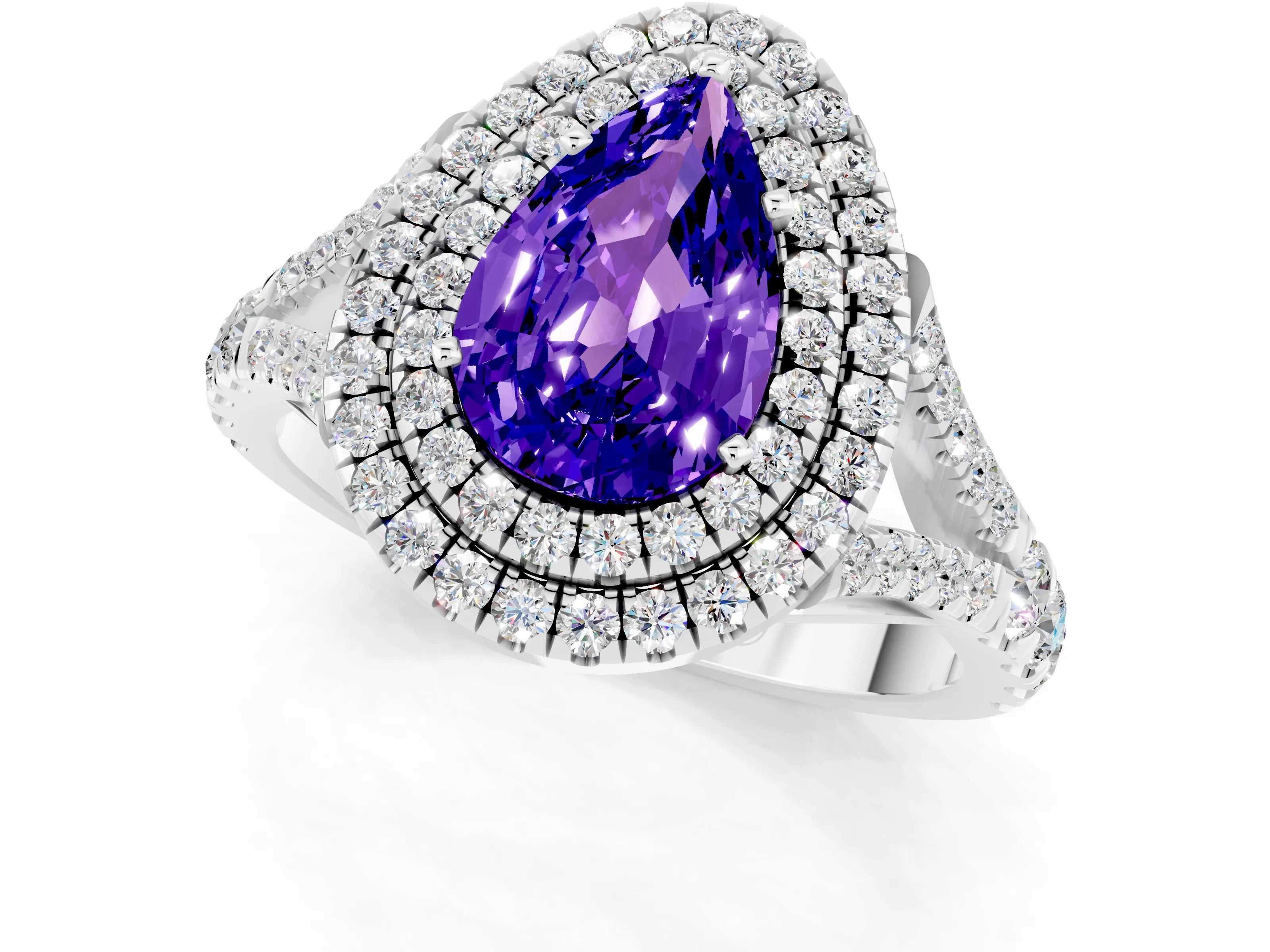 White gold Double Halo Pear Cut Tanzanite Split Shank Engagement Ring with Four-Prong Setting_1