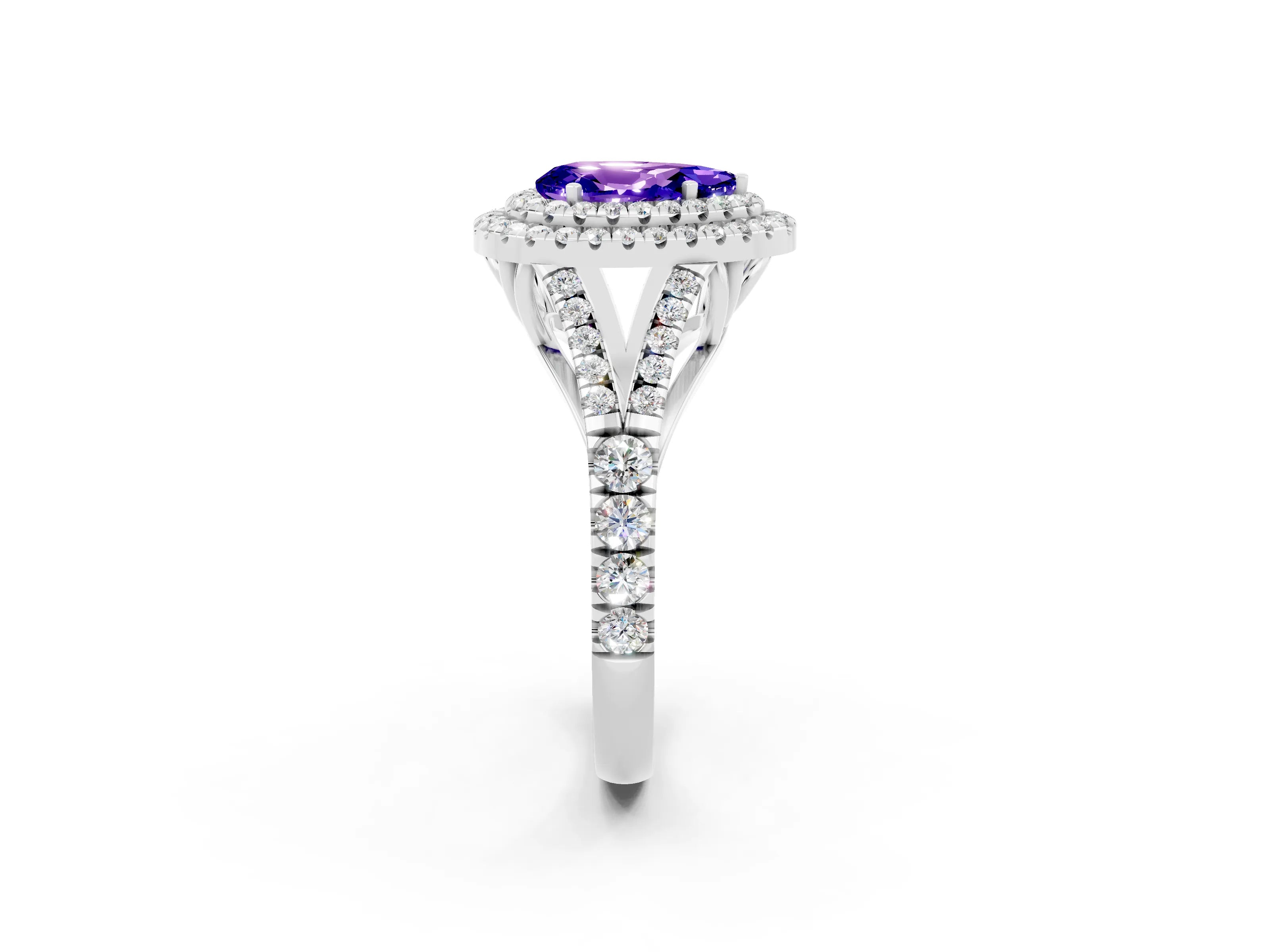 White gold Double Halo Pear Cut Tanzanite Split Shank Engagement Ring with Four-Prong Setting_2