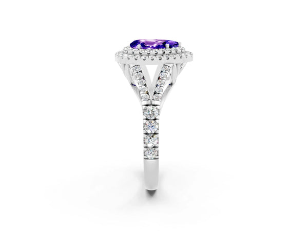 Silver Double Halo Pear Cut Tanzanite Split Shank Engagement Ring with Four-Prong Setting