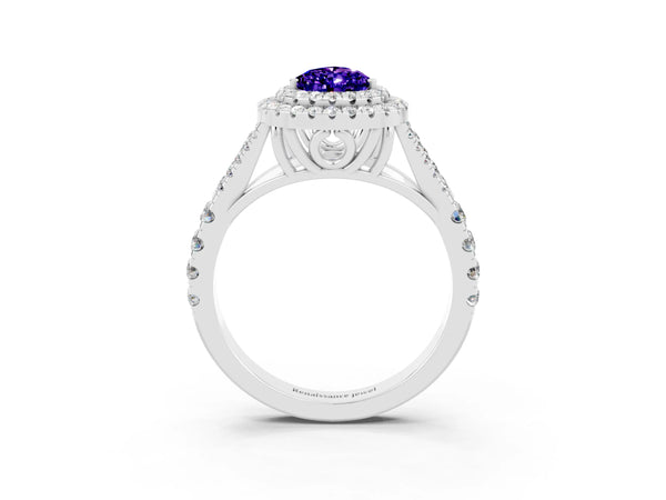 Silver Double Halo Pear Cut Tanzanite Split Shank Engagement Ring with Four-Prong Setting