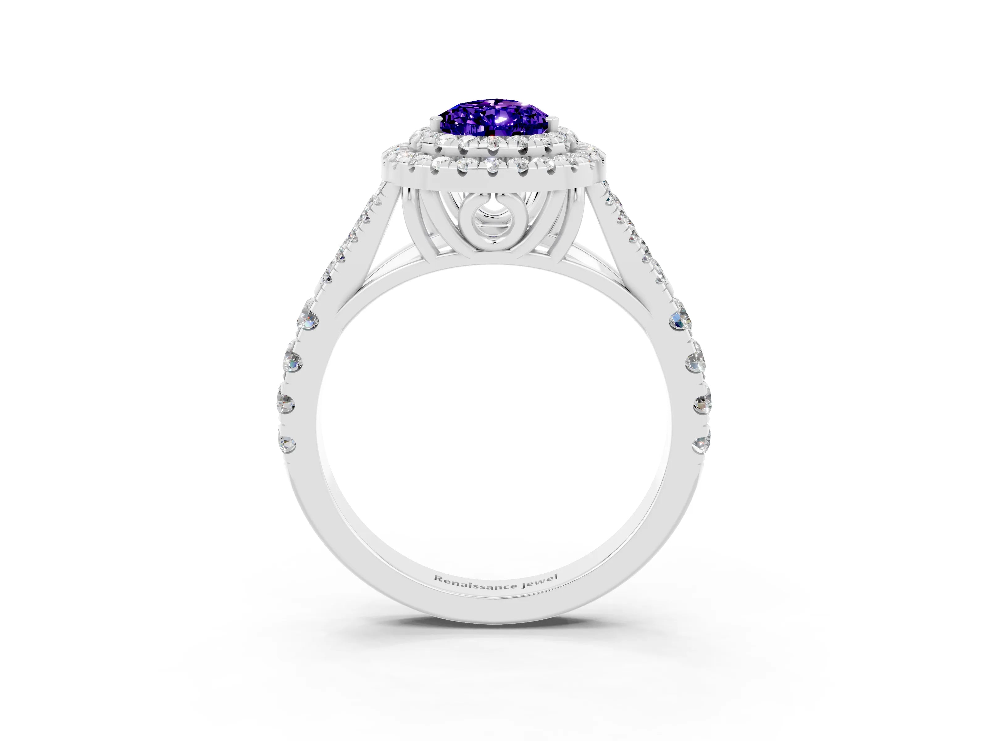 White gold Double Halo Pear Cut Tanzanite Split Shank Engagement Ring with Four-Prong Setting_3