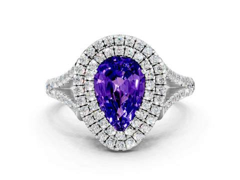 White gold Double Halo Pear Cut Tanzanite Split Shank Engagement Ring with Four-Prong Setting