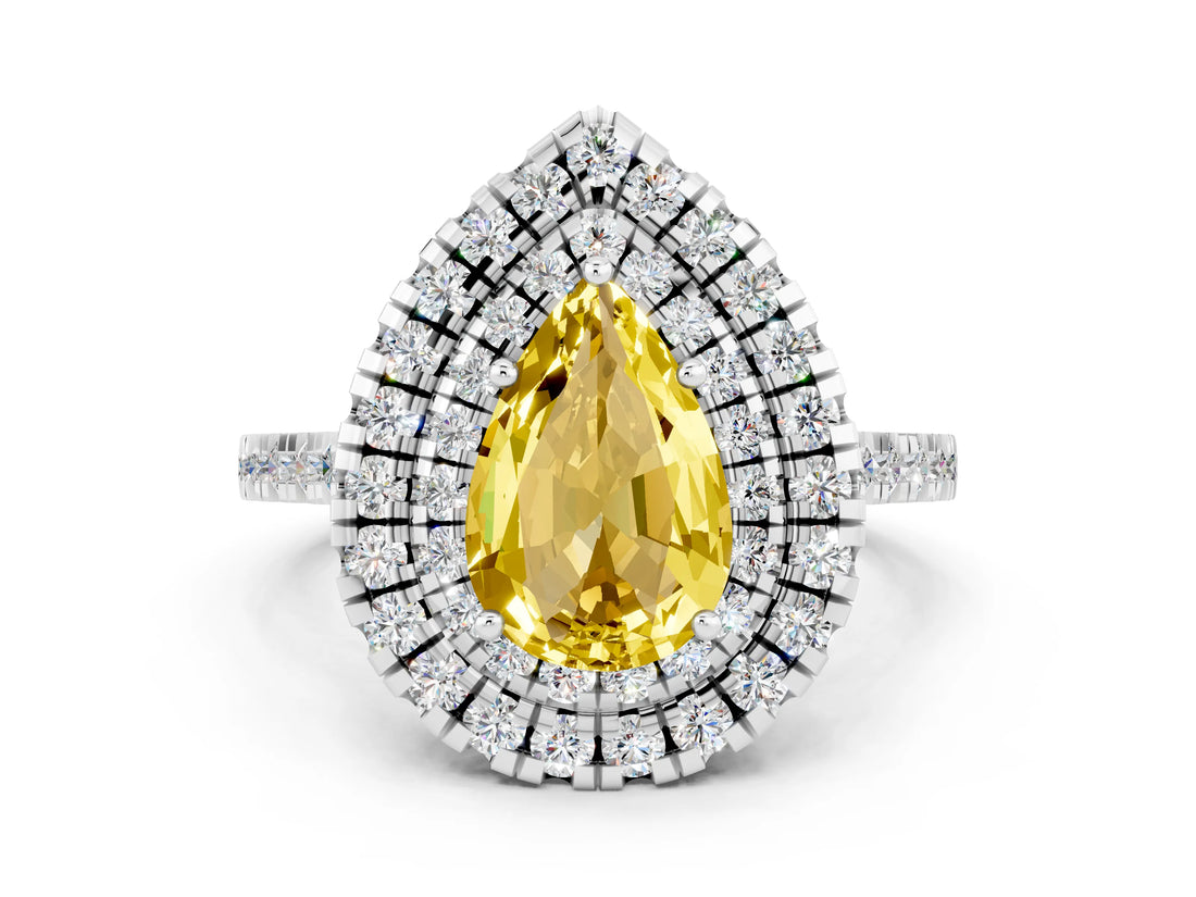 White gold Double Halo Pear Cut Yellow Sapphire Pavé Band with Four-Prong Setting_24