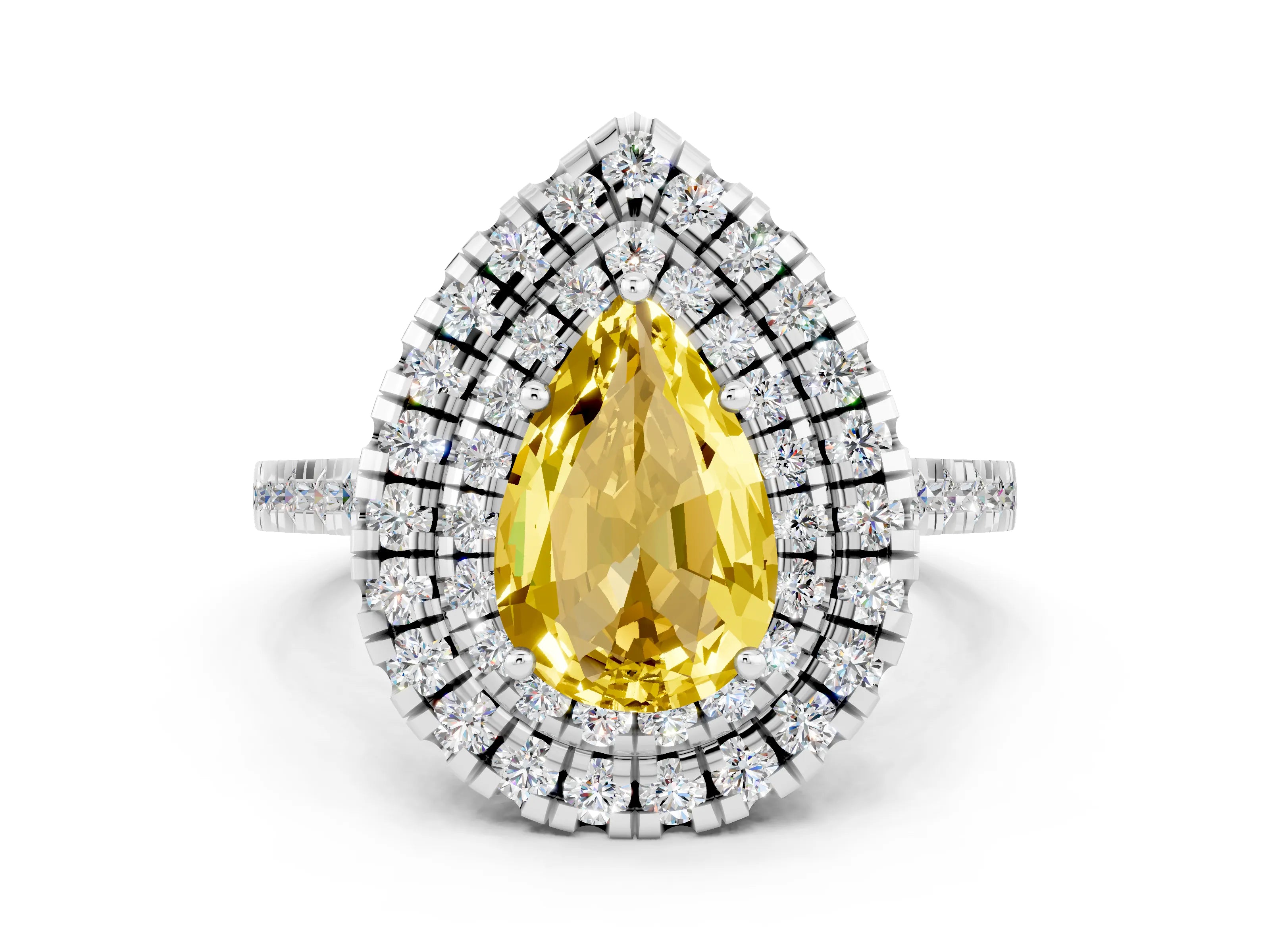 White gold Double Halo Pear Cut Yellow Sapphire Pavé Band with Four-Prong Setting_24