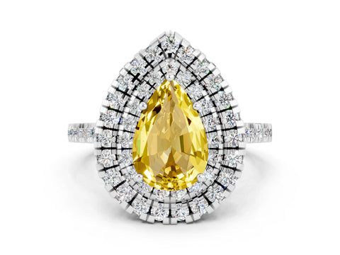 White gold Double Halo Pear Cut Yellow Sapphire Pavé Band with Four-Prong Setting_24