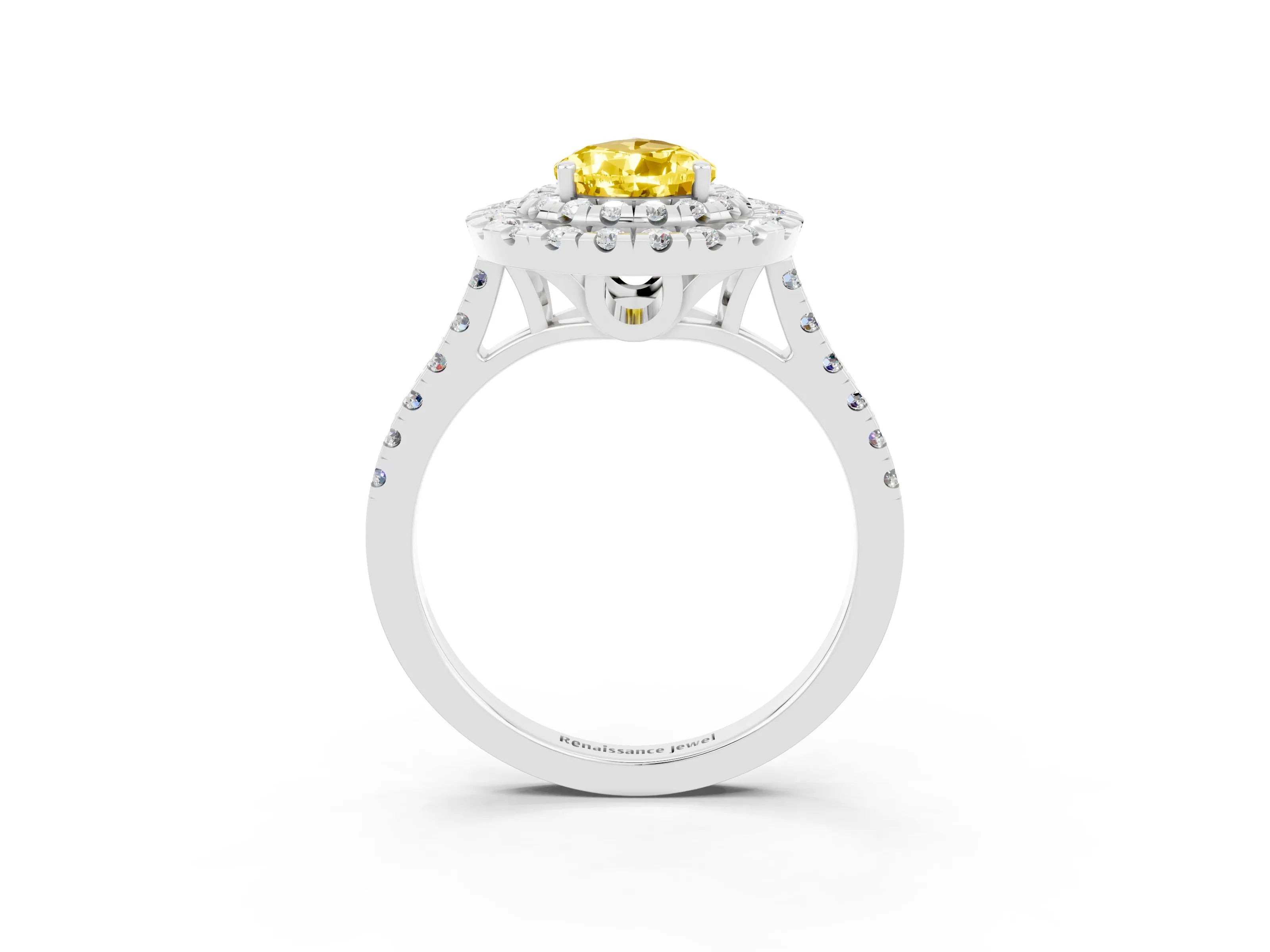 White gold Double Halo Pear Cut Yellow Sapphire Pavé Band with Four-Prong Setting_27