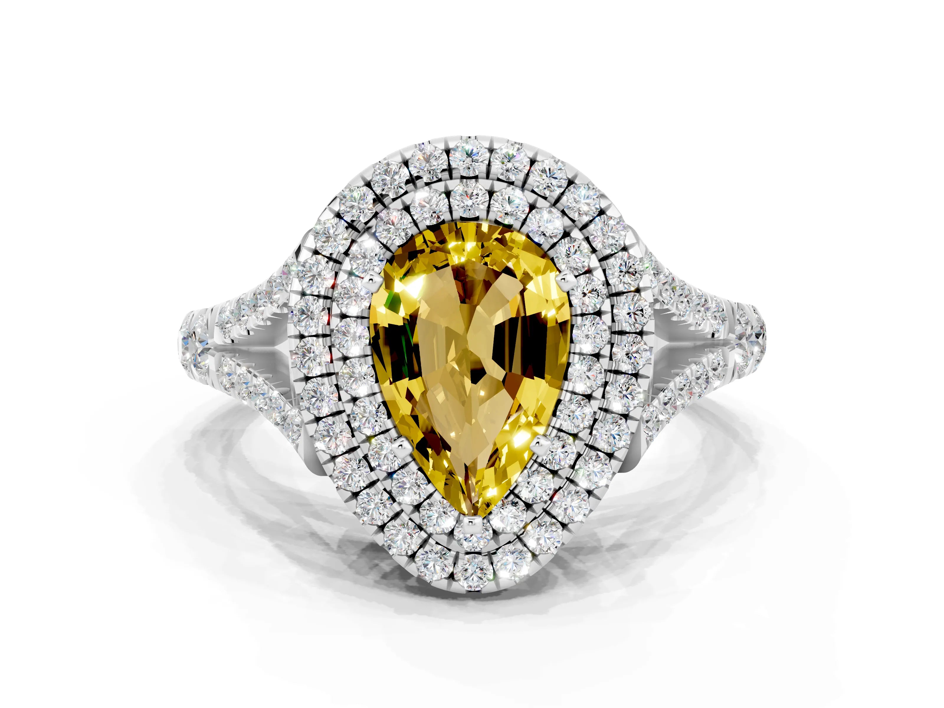 White gold Double Halo Pear Cut Yellow Sapphire Pavé Split Shank Ring with Prong Setting