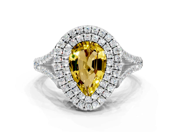 Platinum Double Halo Pear Cut Yellow Sapphire Pavé Split Shank Ring with Prong Setting