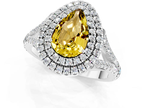 White gold Double Halo Pear Cut Yellow Sapphire Pavé Split Shank Ring with Prong Setting_1