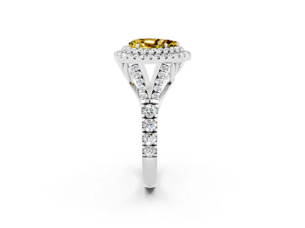 Platinum Double Halo Pear Cut Yellow Sapphire Pavé Split Shank Ring with Prong Setting
