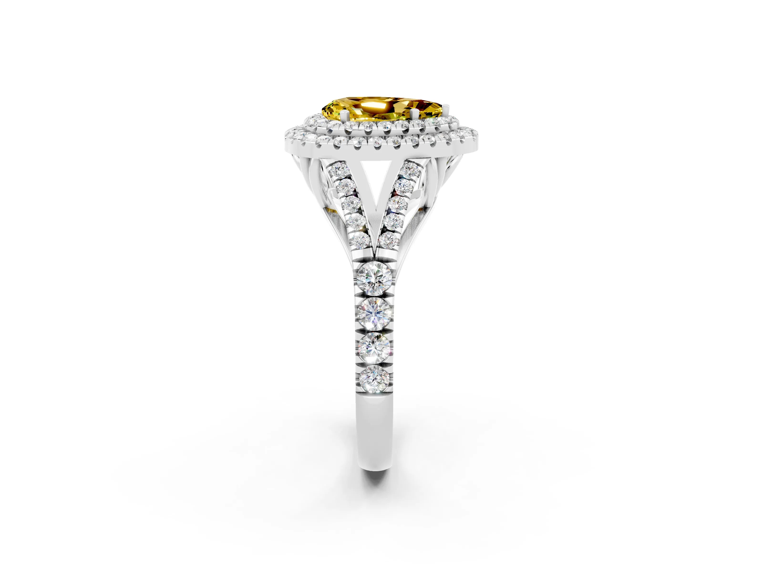 White gold Double Halo Pear Cut Yellow Sapphire Pavé Split Shank Ring with Prong Setting_2