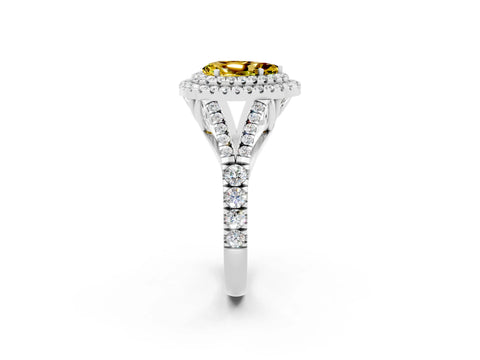 White gold Double Halo Pear Cut Yellow Sapphire Pavé Split Shank Ring with Prong Setting_2