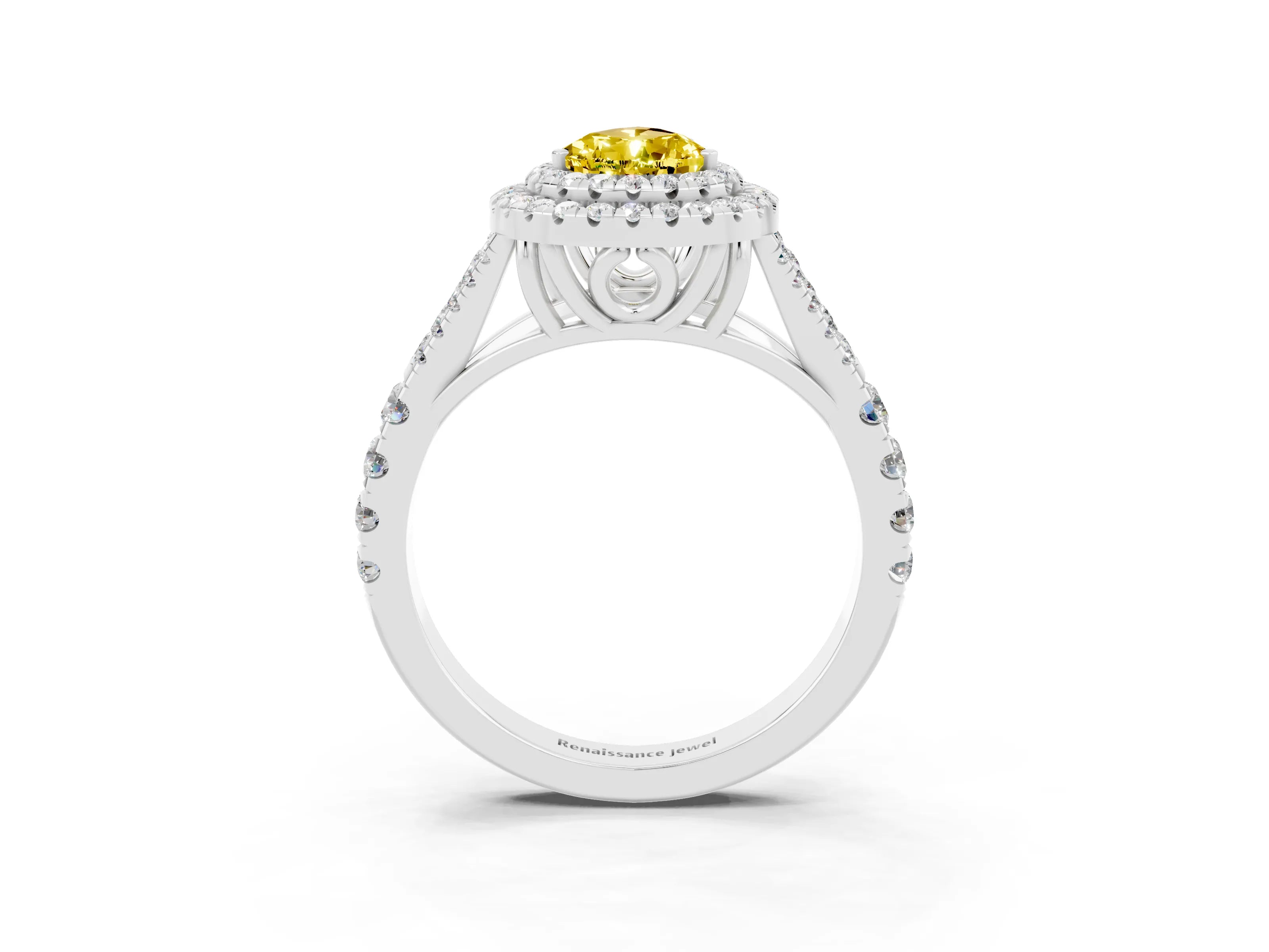 White gold Double Halo Pear Cut Yellow Sapphire Pavé Split Shank Ring with Prong Setting_3