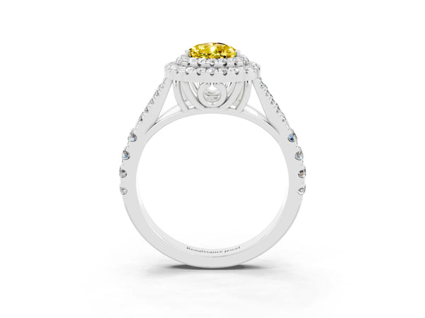 Platinum Double Halo Pear Cut Yellow Sapphire Pavé Split Shank Ring with Prong Setting