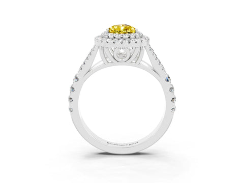 White gold Double Halo Pear Cut Yellow Sapphire Pavé Split Shank Ring with Prong Setting_3