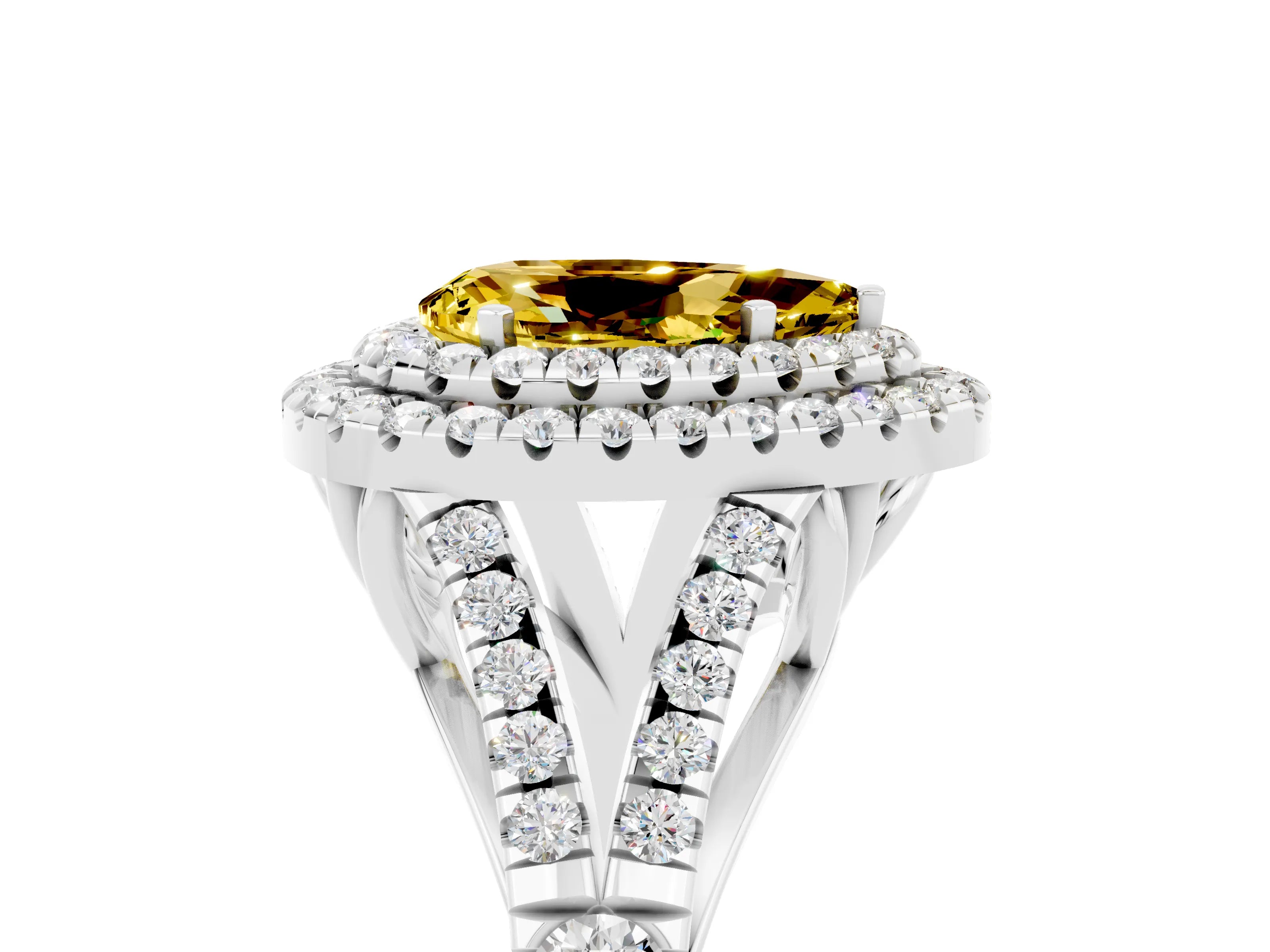 White gold Double Halo Pear Cut Yellow Sapphire Pavé Split Shank Ring with Prong Setting_5