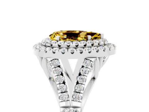 White gold Double Halo Pear Cut Yellow Sapphire Pavé Split Shank Ring with Prong Setting_5
