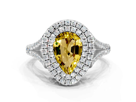 White gold Double Halo Pear Cut Yellow Sapphire Pavé Split Shank Ring with Prong Setting