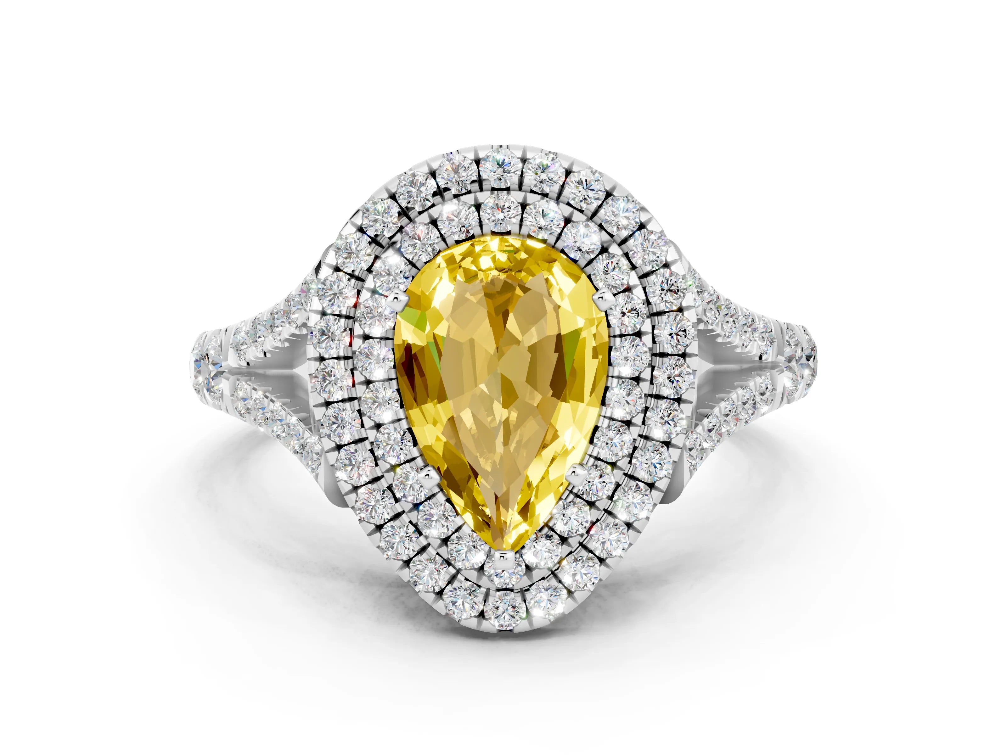White gold Double Halo Pear Cut Yellow Sapphire Split Shank Engagement Ring with Four-Prong Setting