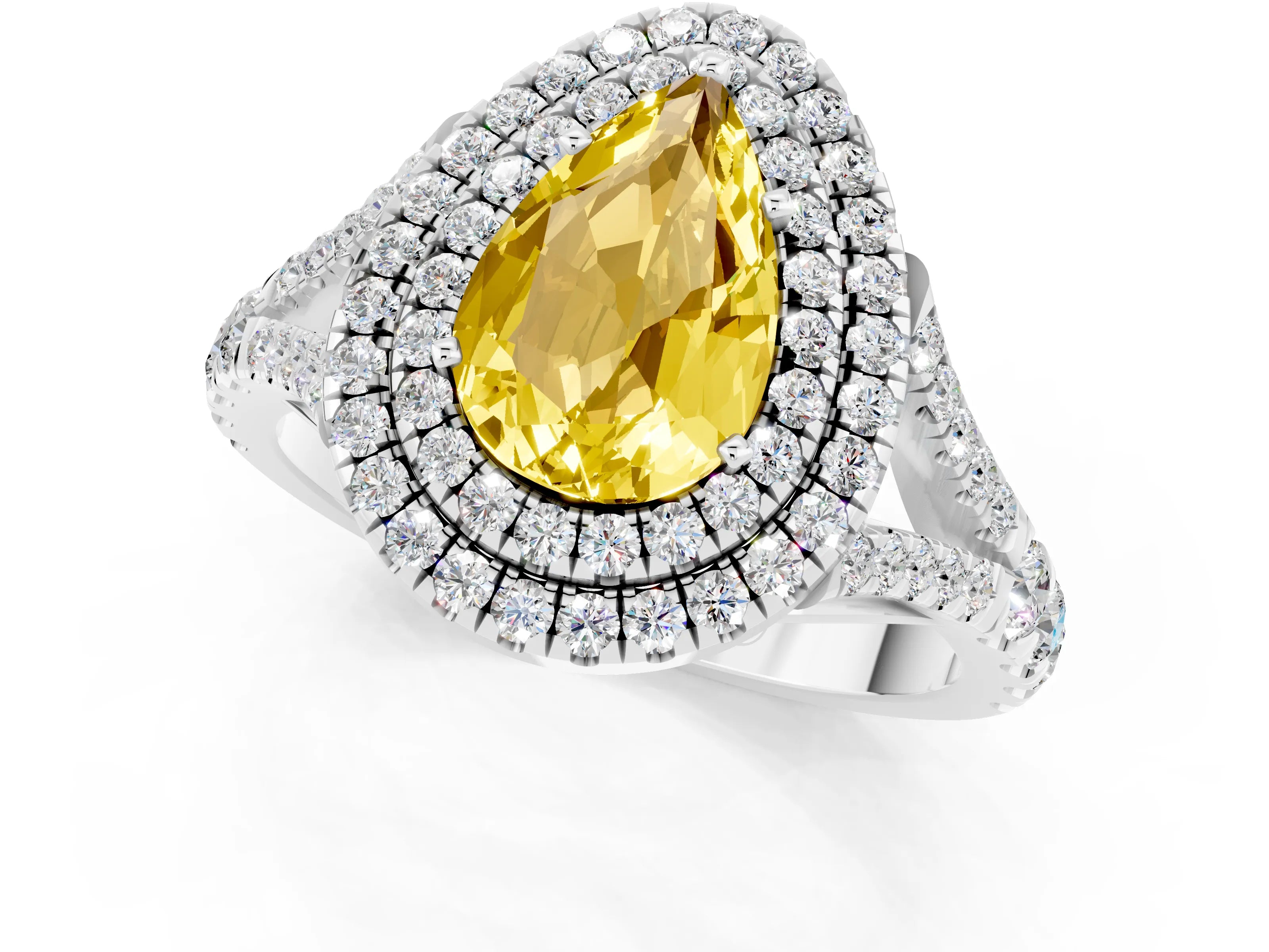 White gold Double Halo Pear Cut Yellow Sapphire Split Shank Engagement Ring with Four-Prong Setting_1